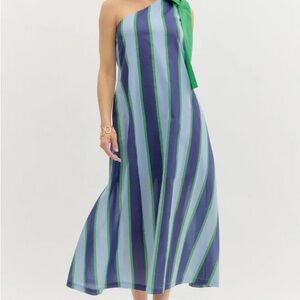 Entro Striped One-Shoulder Dress with Green Bow